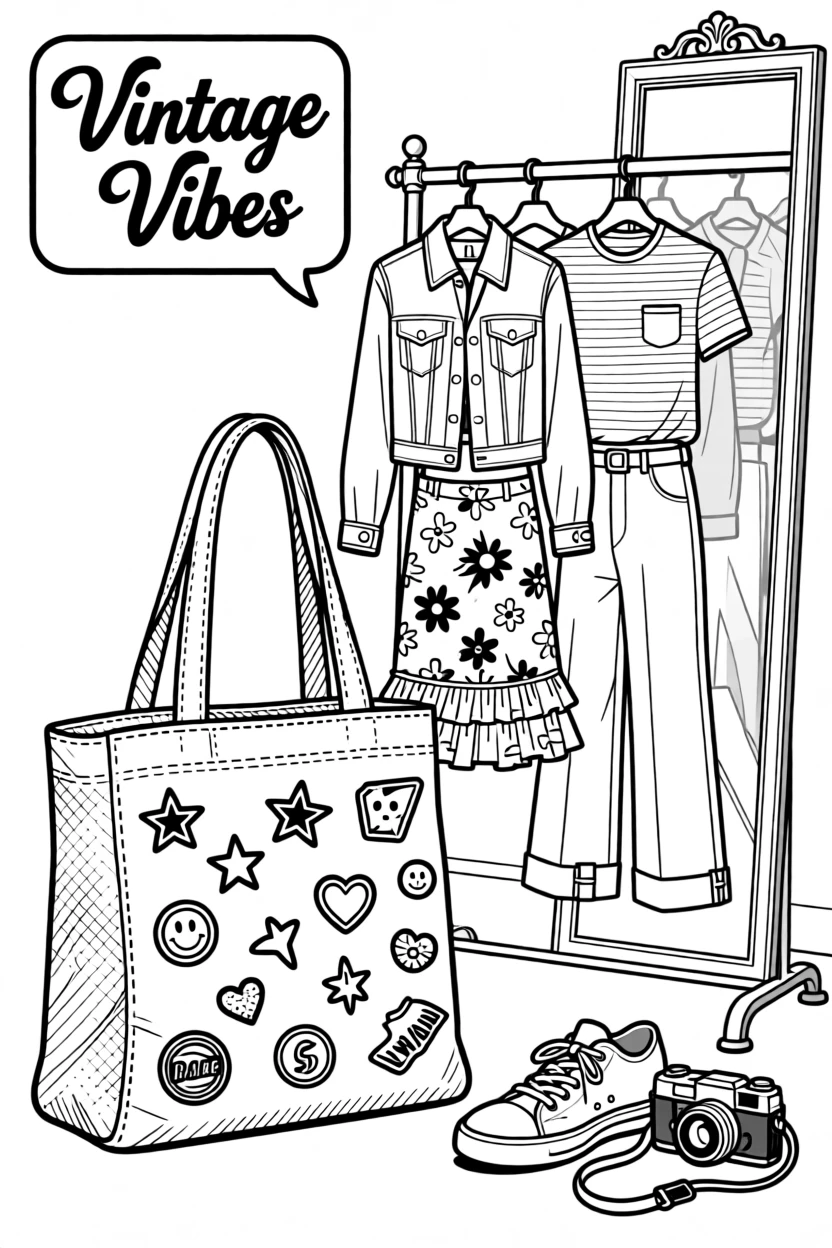 A tote bag covered in pins and embroidered patches, styled beside a rack of vintage clothing.