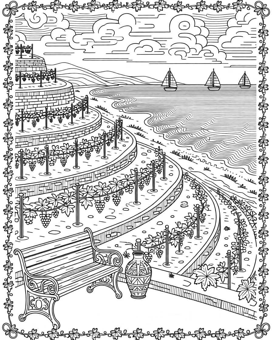 A hillside vineyard terrace overlooking a coastline.