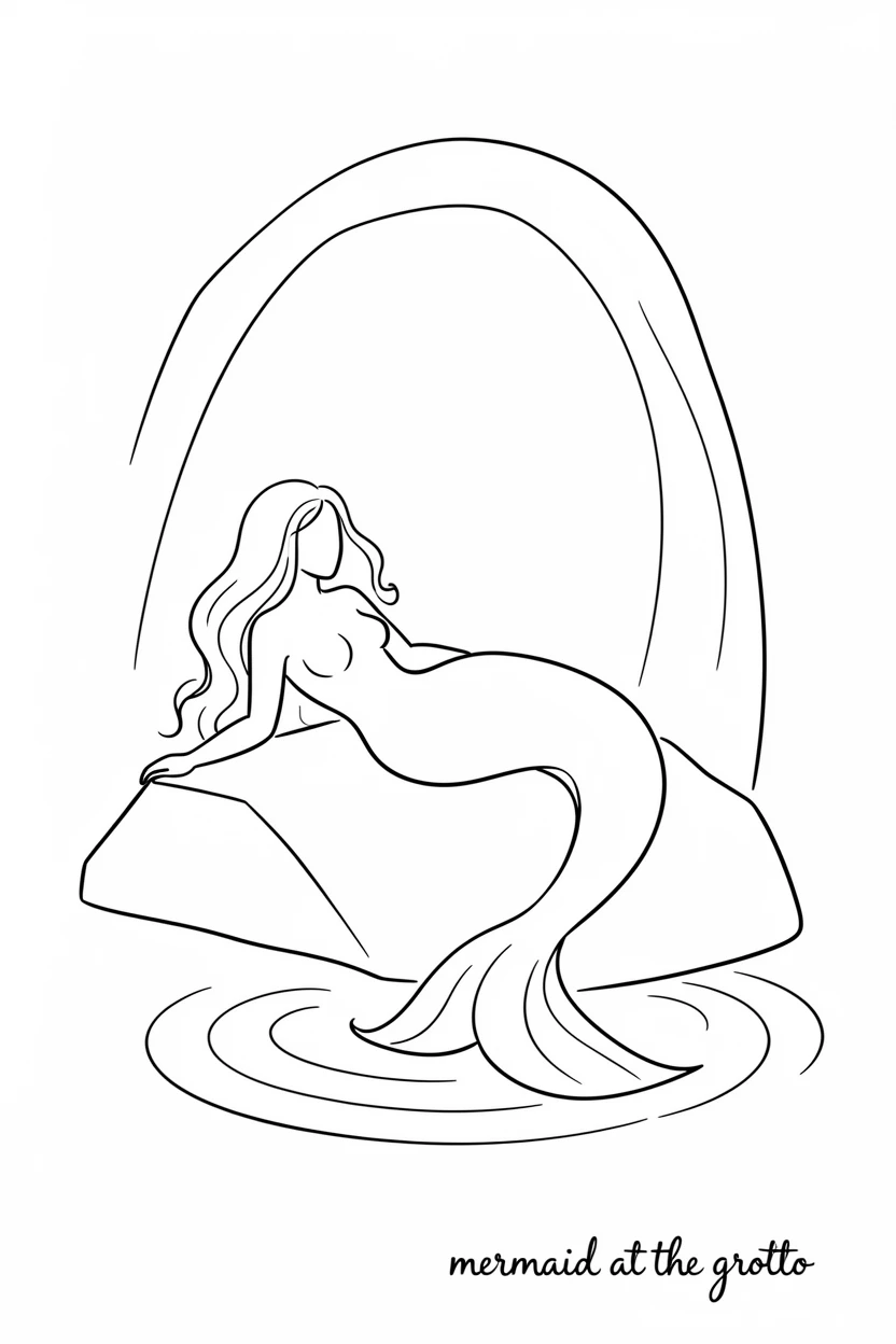A mermaid resting on a rock at the edge of a hidden sea grotto