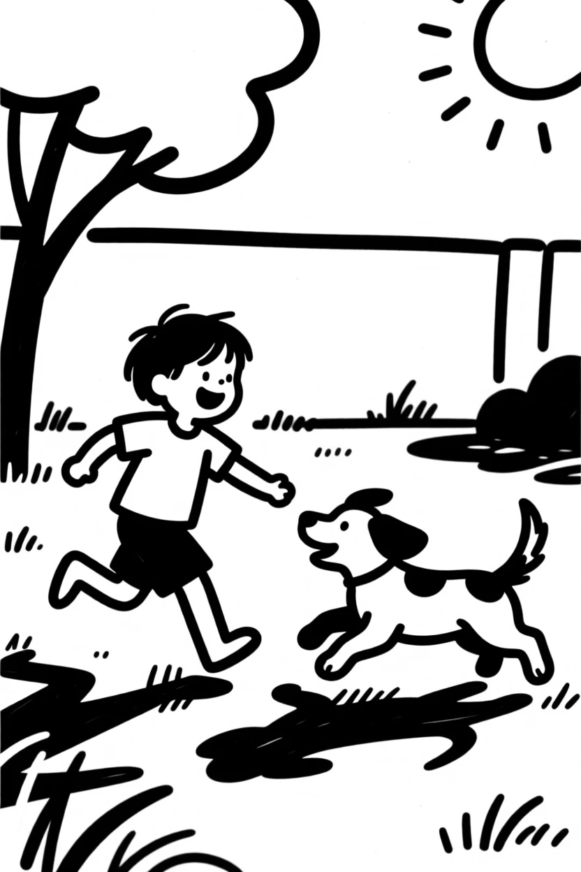 A child playing with a puppy in a sunny backyard.