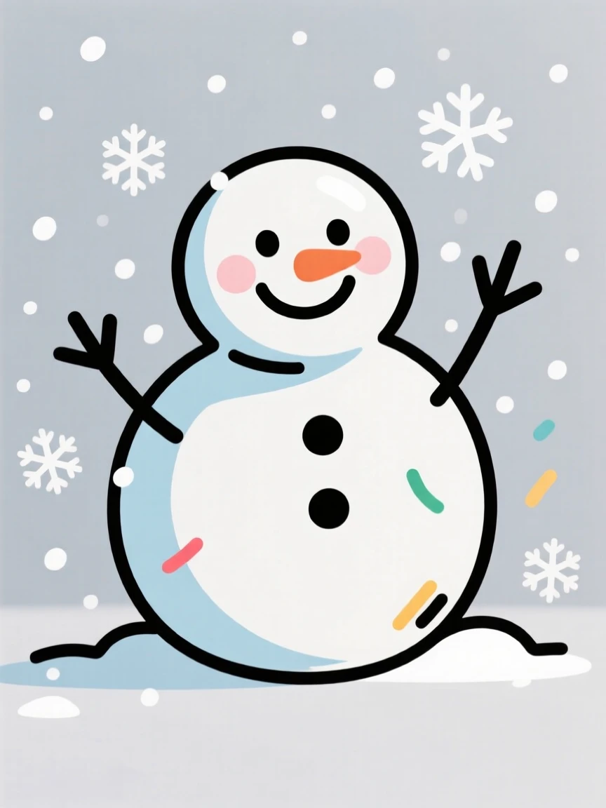A happy cartoon snowman waving with twiggy arms in falling snow.