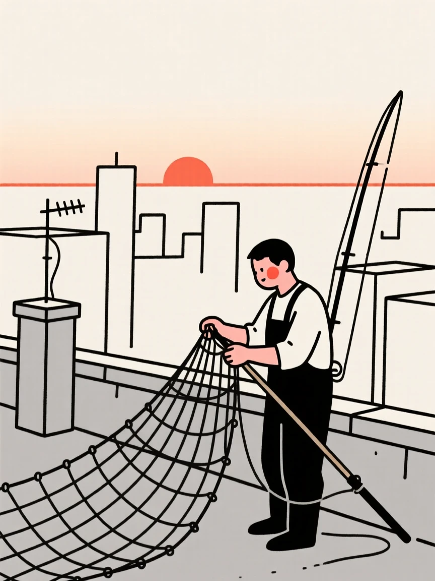 A fisherman mending nets at sunrise on a rooftop overlooking the city.
