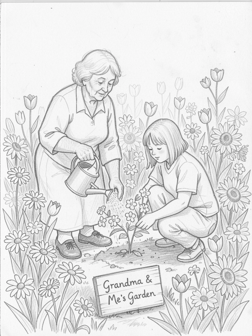 Grandmother and granddaughter tending a garden, in a flower-filled garden, glowing with quiet joy.