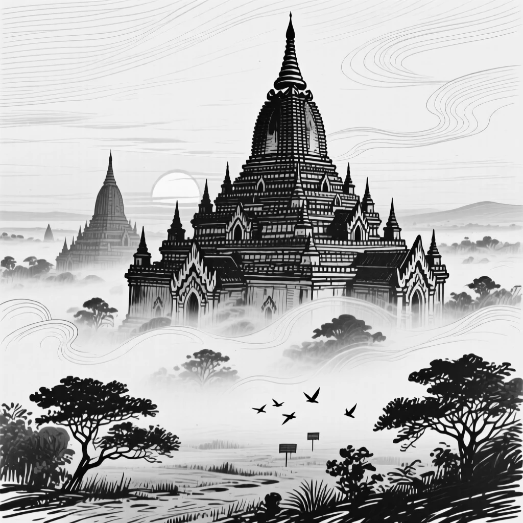 The ancient temples of Bagan rising above the mist at sunrise.