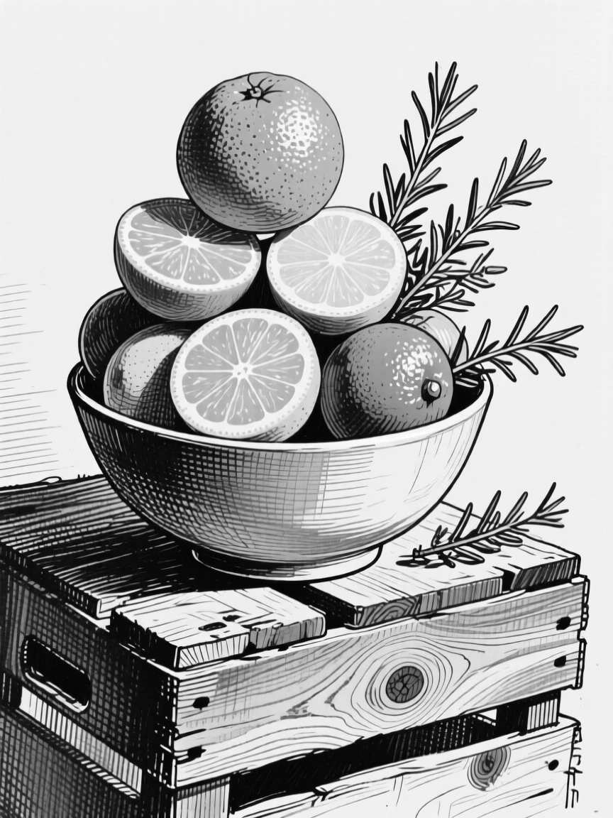 A stack of citrus fruits in a bowl arranged on a rustic wooden crate, with a sprig of herbs used as garnish, presented in a warm and comforting culinary still life.