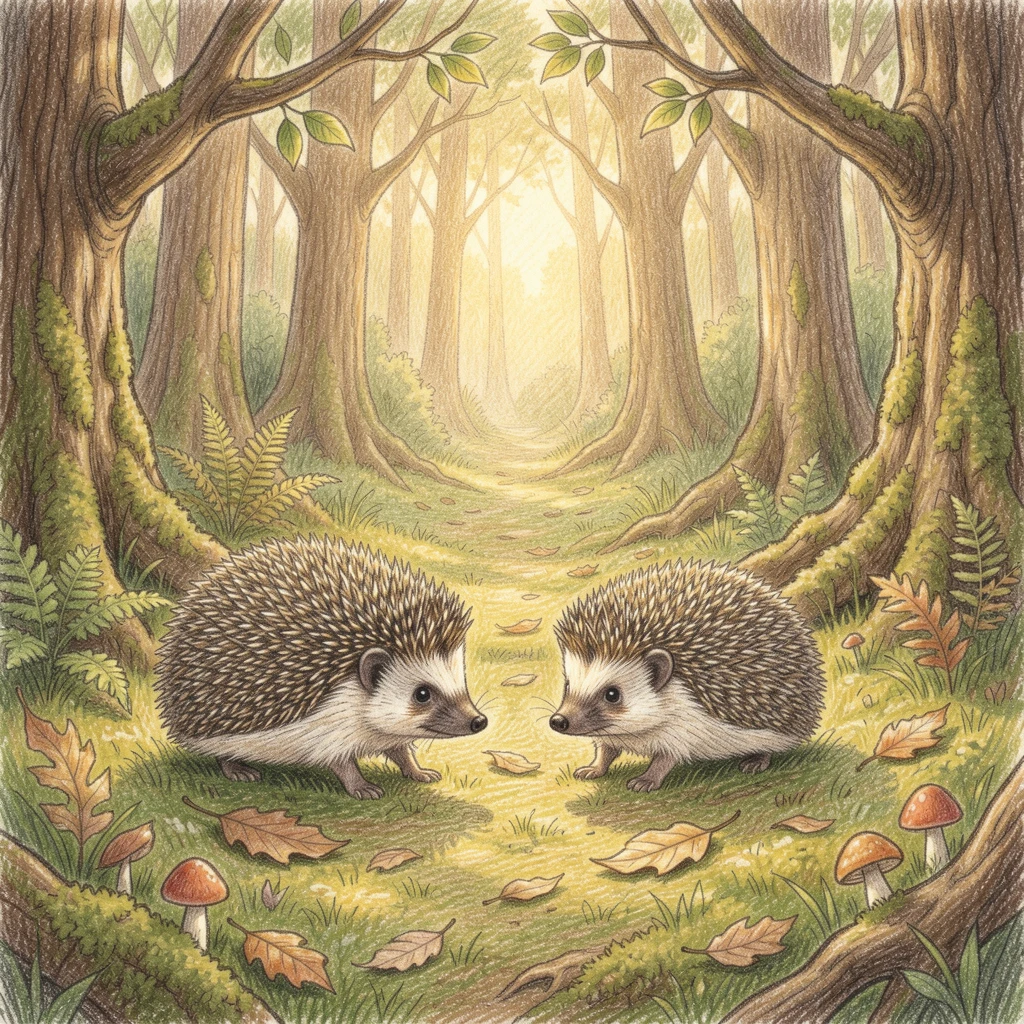 A hedgehog family exploring a mossy woodland clearing, bathed in the warm glow of golden-hour light, perfect for anyone drawn to gentle, heartfelt imagery.
