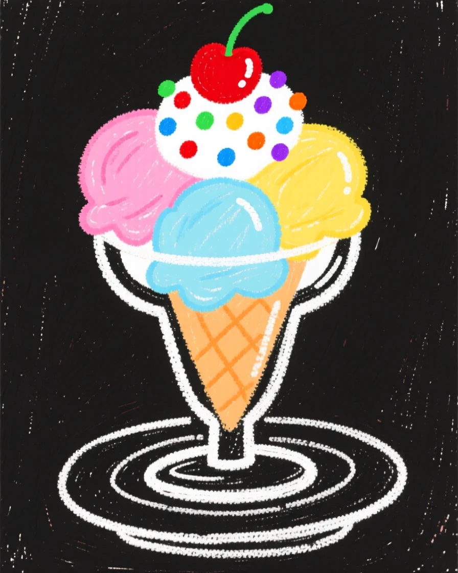 An ice cream sundae topped with sprinkles and a cherry.