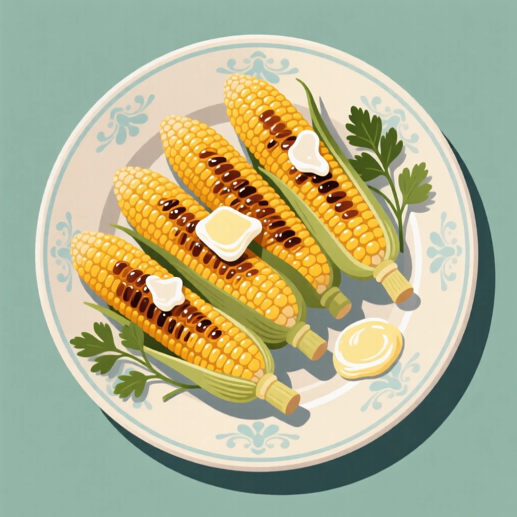 A platter of grilled corn on the cob with melted butter, placed on a vintage ceramic platter, arranged with complementary colors for visual appeal, with glossy highlights that make the dish look freshly made.