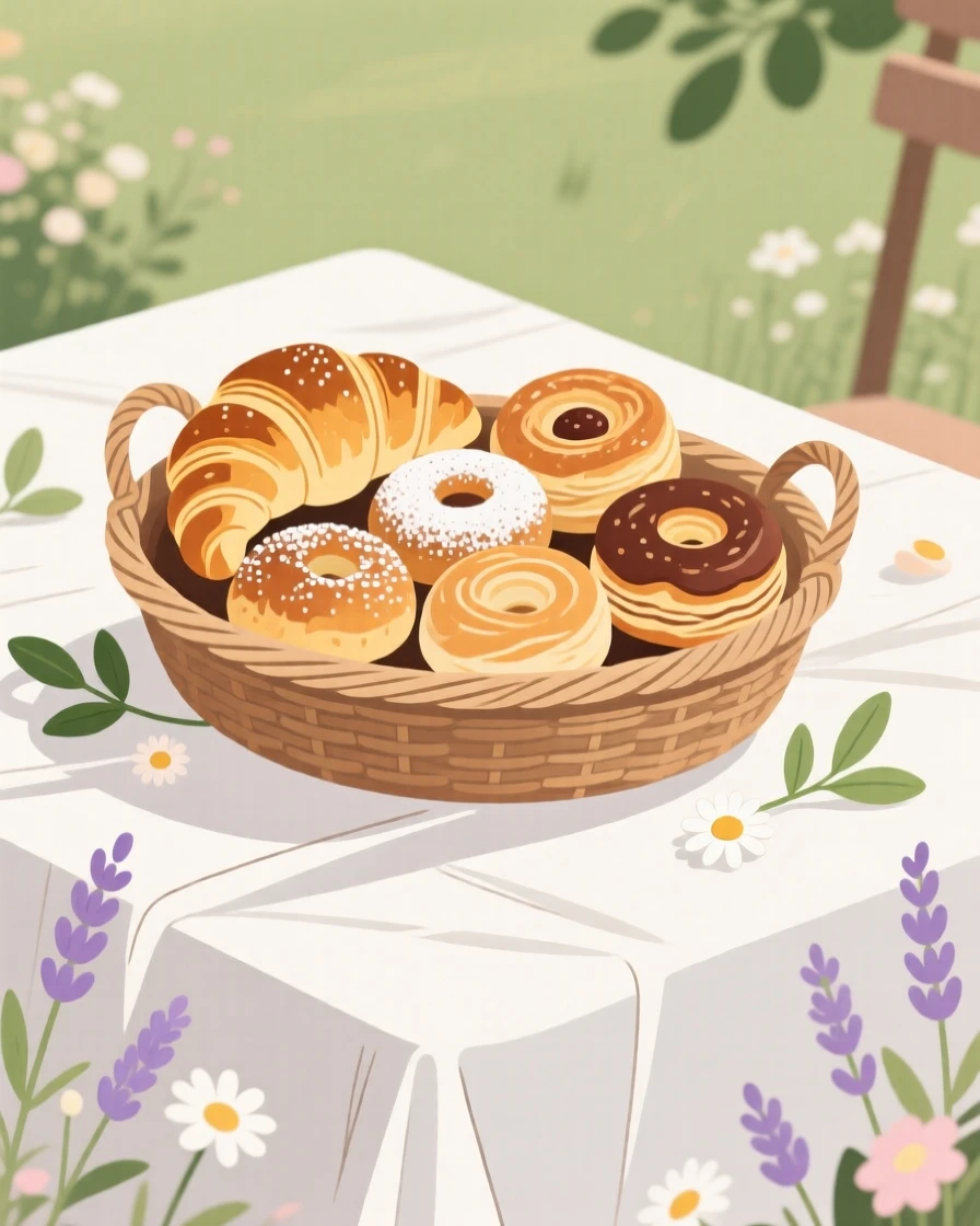 A basket of fresh pastries beautifully displayed on a linen tablecloth at a garden party.