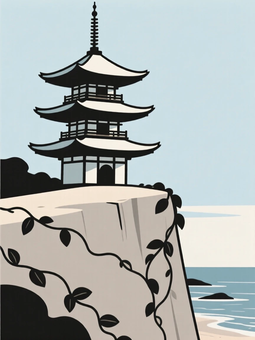 A Japanese pagoda, striking and prominent, stands in a coastal cliffside, surrounded by climbing ivy, expressing peaceful order.