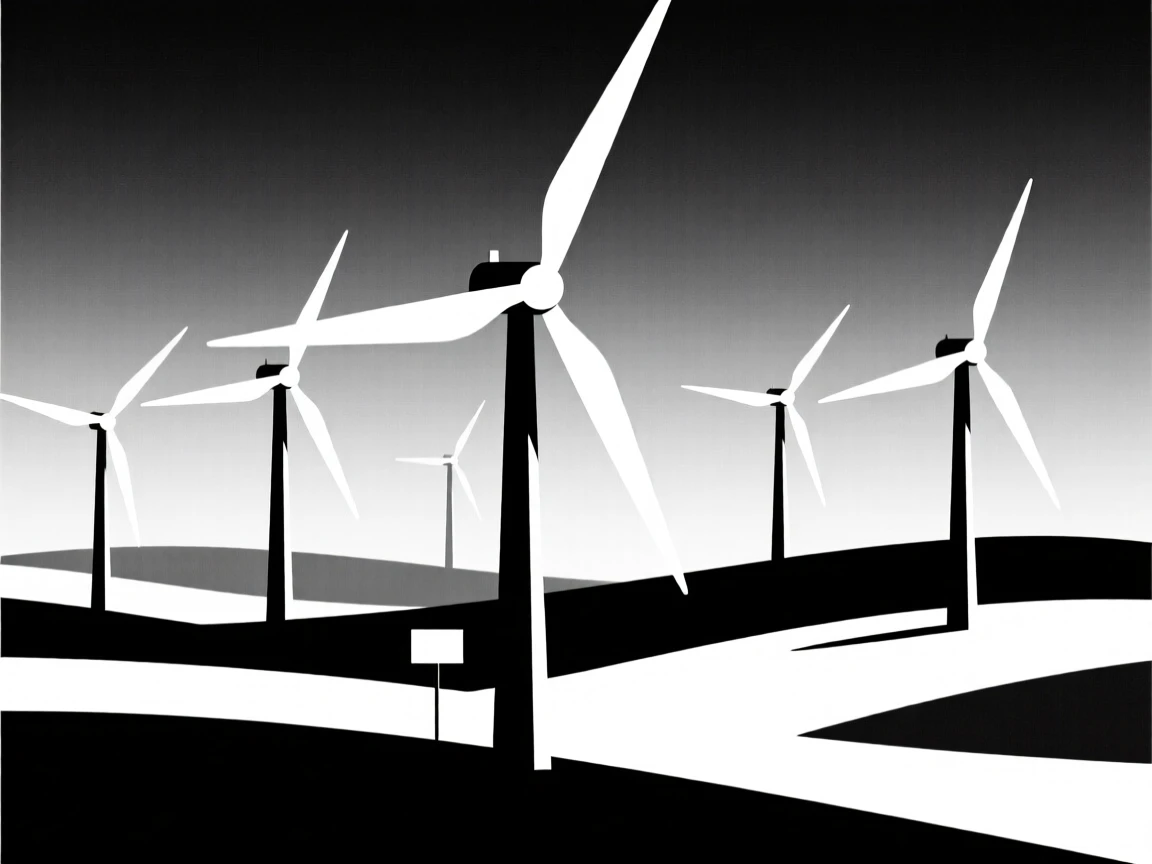 A wind farm spinning against a bright blue sky.