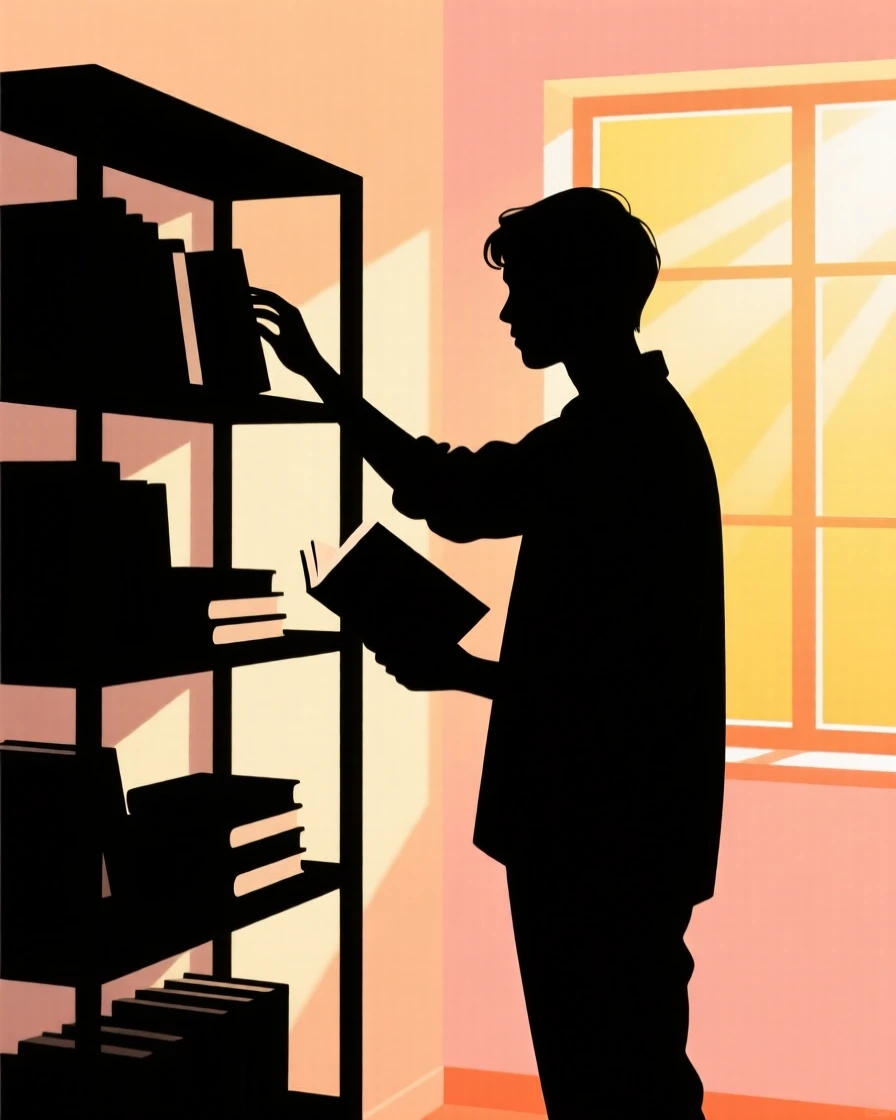 A person unpacking books onto a new shelf in a sunlit room.