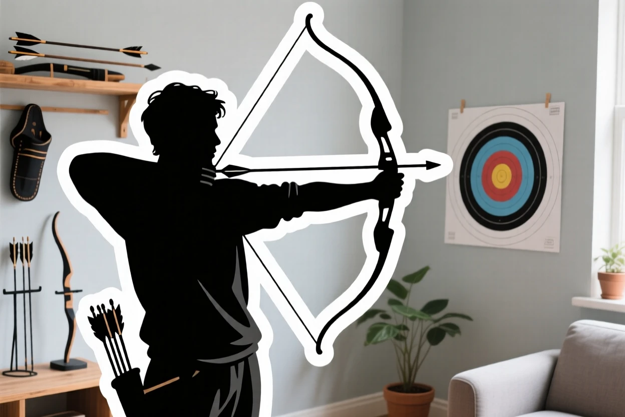 An intensely focused archer aiming carefully at a target, fully immersed in the creative process, in a peaceful home corner dedicated to their craft.