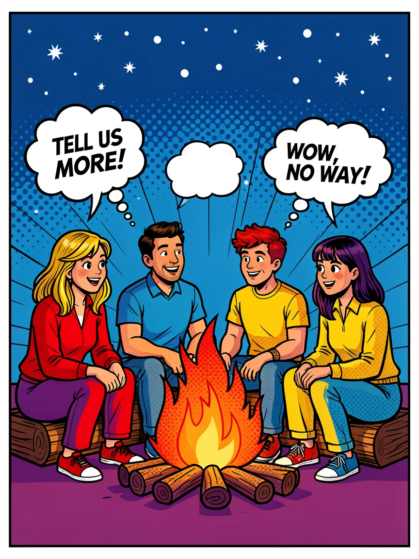 Friends sitting around a campfire sharing stories under the stars