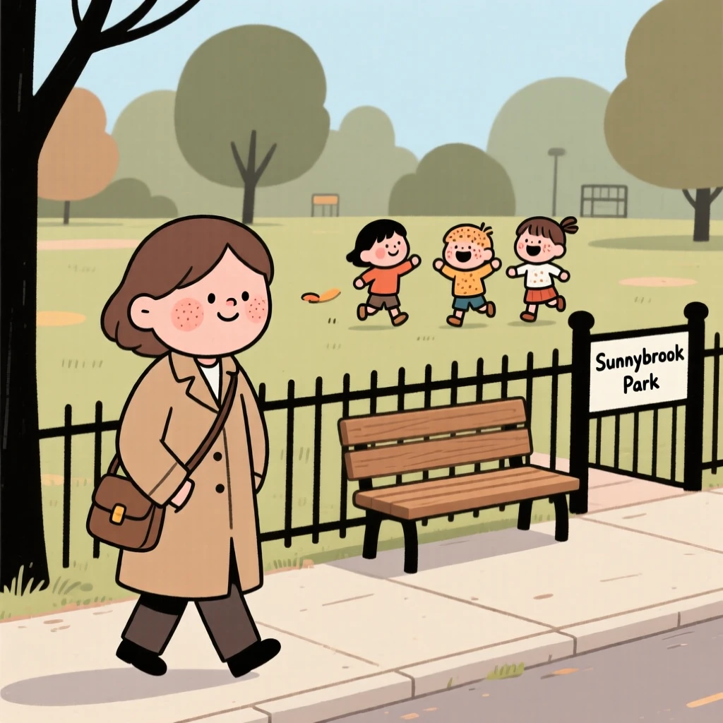 A tired commuter pauses mid-walk home to watch children laughing in a nearby park, a small smile crossing their face at the simple beauty of it.