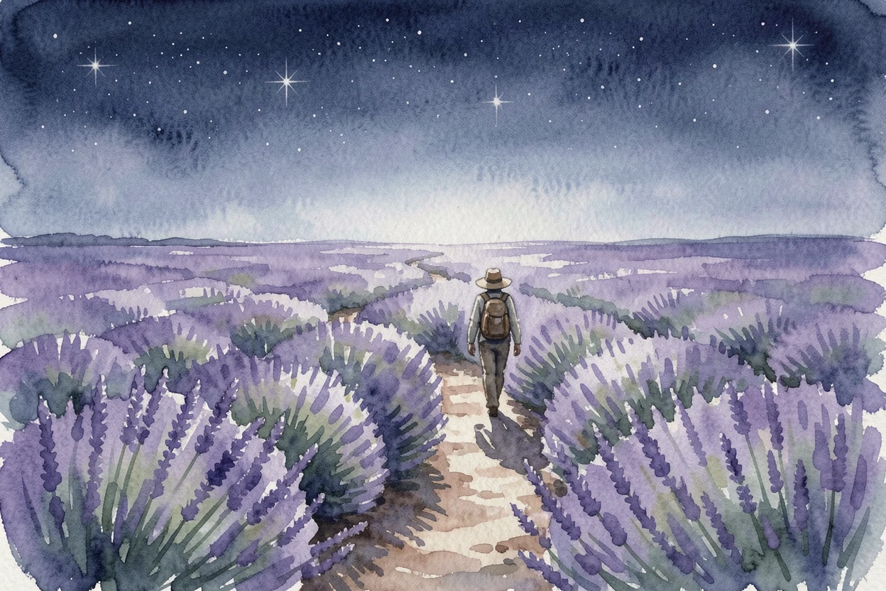 A lavender field stretching to the horizon under a starry night sky with a lone traveler walking a distant trail.