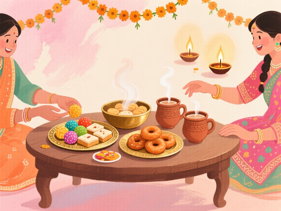 A joyful scene of a Diwali celebration, filled with festive food and warm drinks, capturing the warmth of the celebration