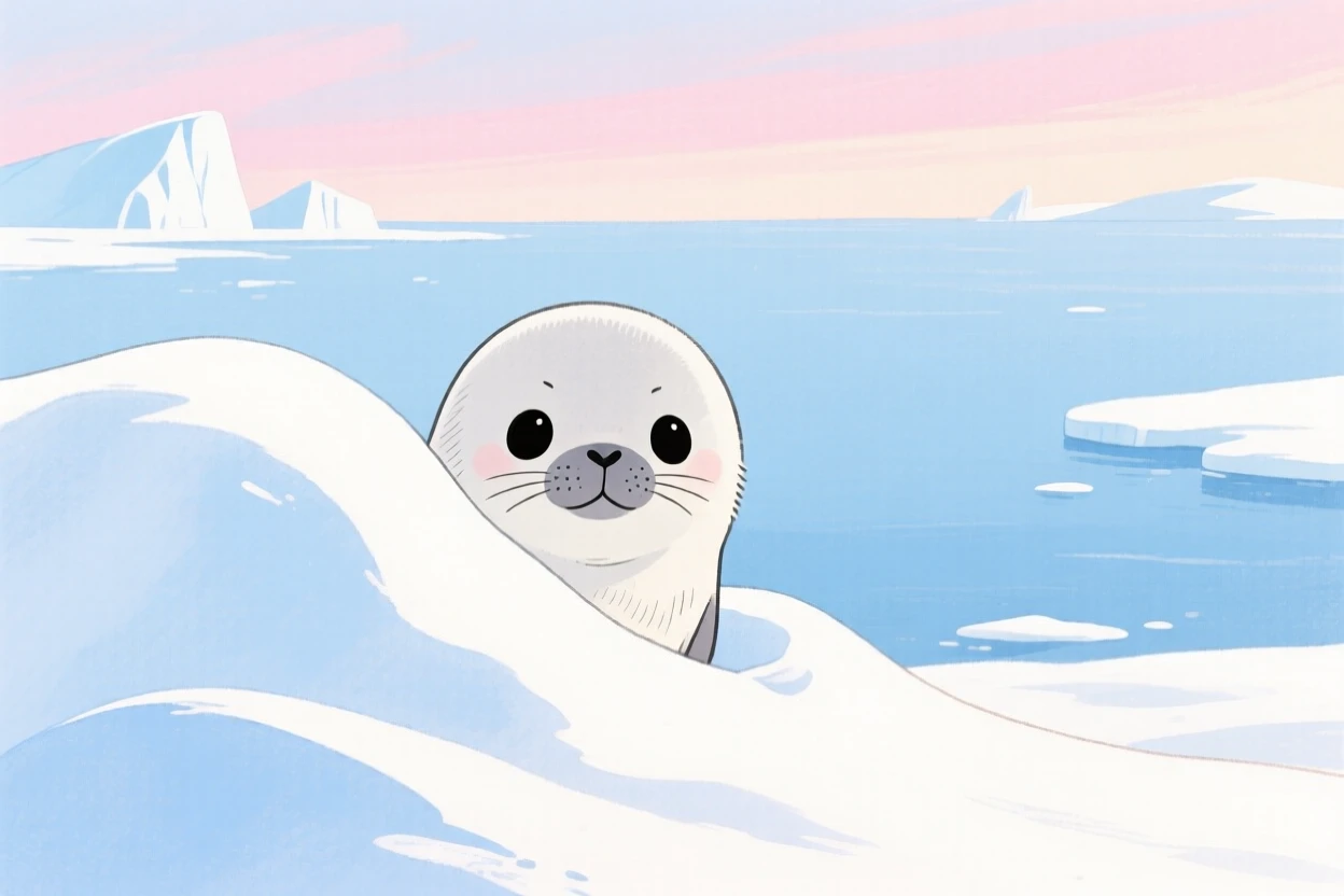 A baby seal peeking out from behind a snowdrift on a quiet arctic shore.