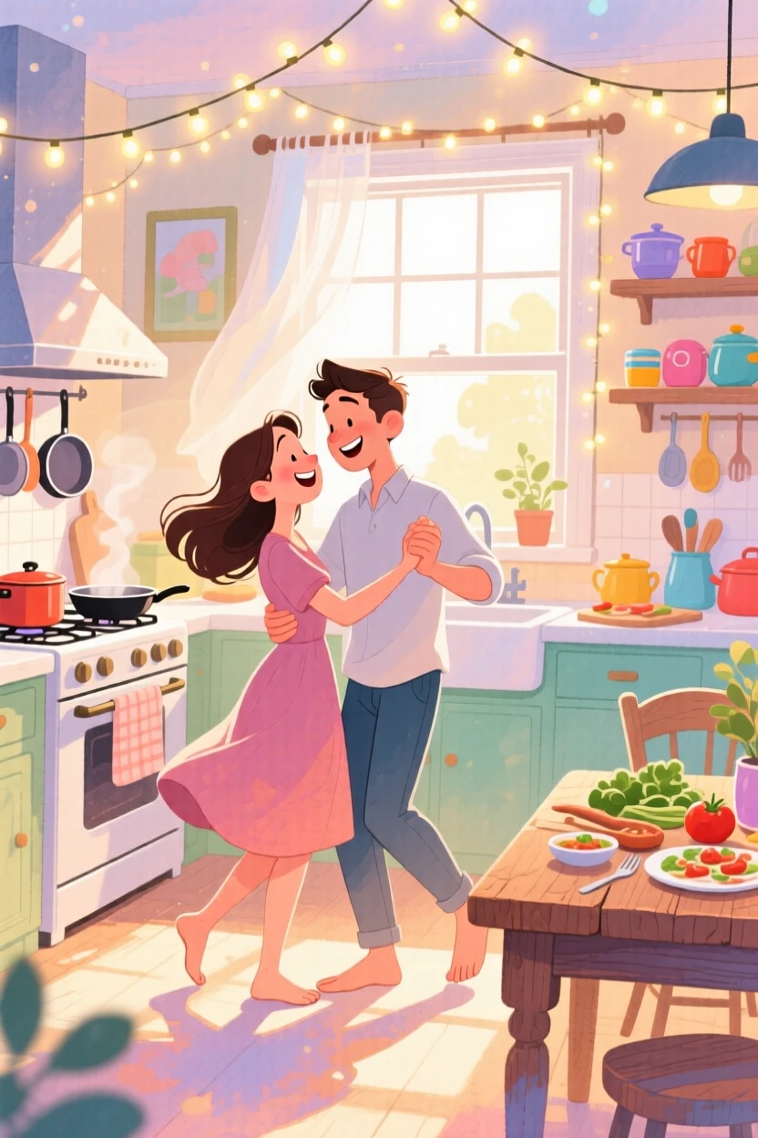 A young couple dancing barefoot in their kitchen while cooking dinner, in a sunlit apartment kitchen with music playing, with twinkling fairy lights strung overhead, playful romance and everyday happiness.