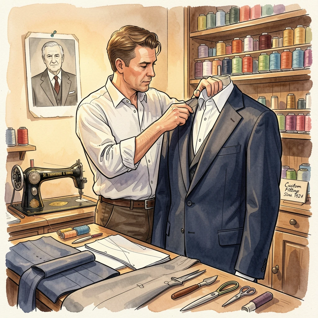 A tailor fitting a customer for a new suit in a warmly lit shop, small details hinting at the story behind the moment.