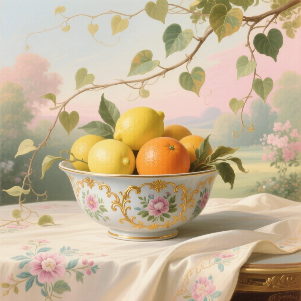A porcelain bowl filled with lemons and oranges beneath trailing ivy  