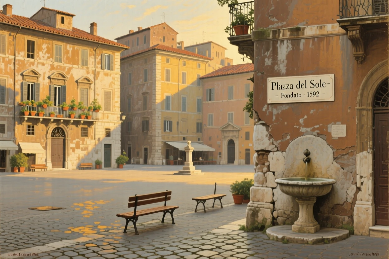 A quiet, sunlit piazza in Rome surrounded by centuries-old architecture, as soft golden hour light bathes every surface and structure, celebrating the architectural wonder and cultural richness of the location