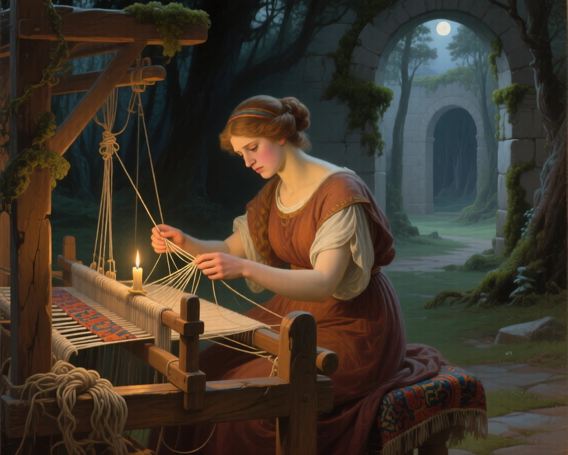 Odysseus's faithful wife Penelope unraveling her weaving by night as the audience holds its breath in anticipation, set within an enchanted forest clearing bathed in soft light, with an old wooden loom, tangled threads, and a half-finished tapestry; receding archways create a sense of stepping into another world, radiating whimsy touched with gentle melancholy.