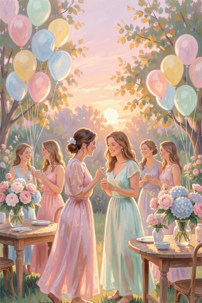 A joyful baby shower gathering in a garden decorated with pastel balloons and floral centerpieces, under a glowing sunset sky, capturing a moment of quiet intimacy.