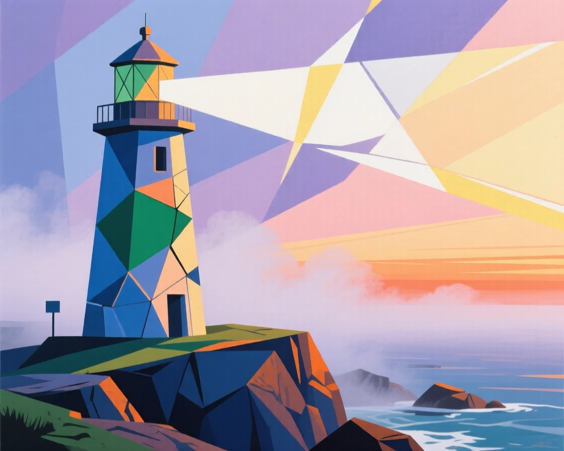 A medium shot of a coastal lighthouse point during a soft misty dawn, at the peak of summer.