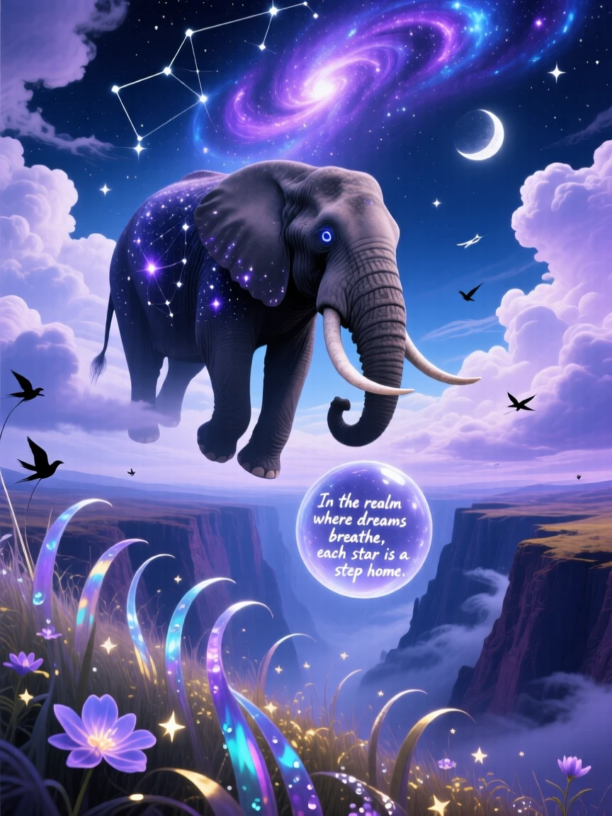An elephant with a night sky patterned across its skin drifts weightlessly through a canyon of soft clouds, as the surrounding grass bends toward it in reverence.