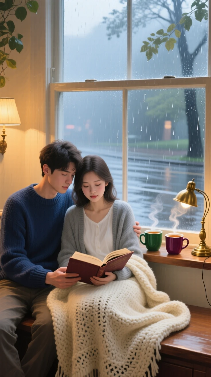 A young couple reads together on a cozy window seat during a rainstorm, a shared blanket and steaming mugs of tea between them, the moment feeling candid and intimate rather than posed or staged.