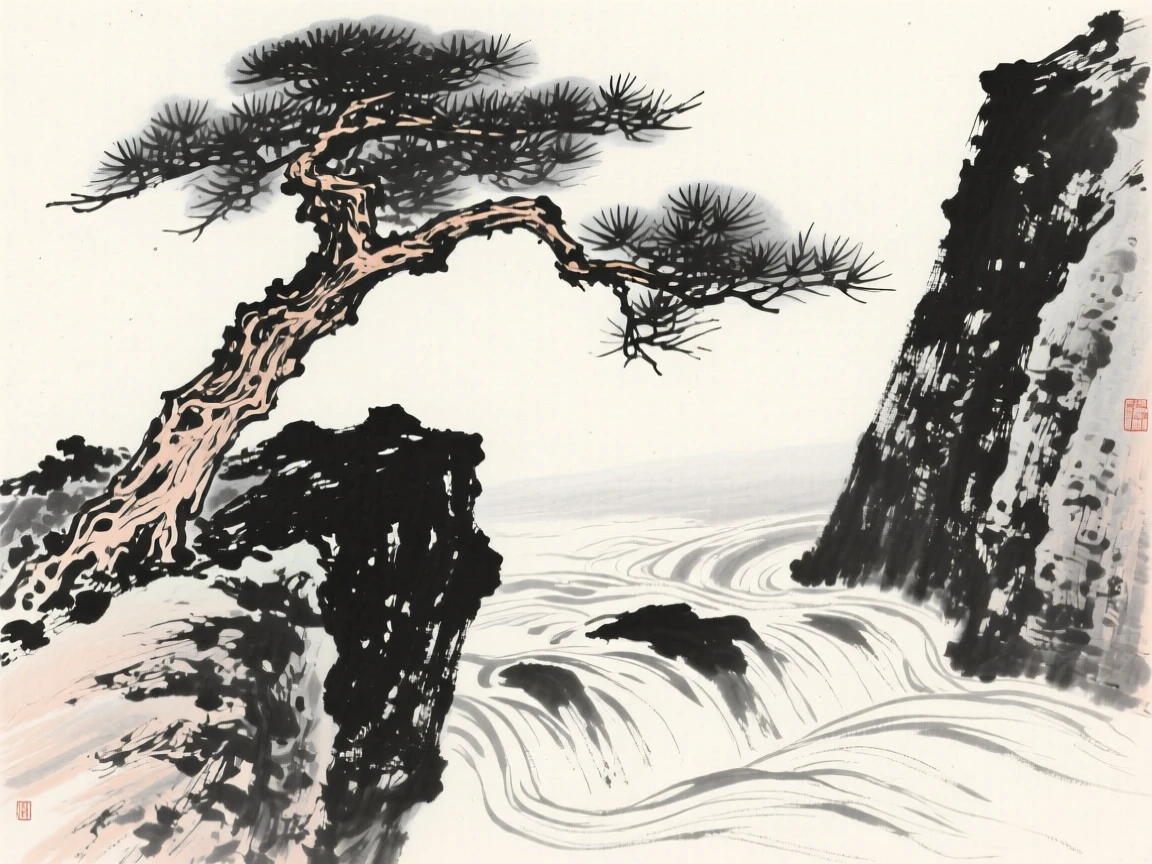 A pine tree clings to a boulder beside a rushing mountain stream, as the wind bends its branches toward the cliff edge.