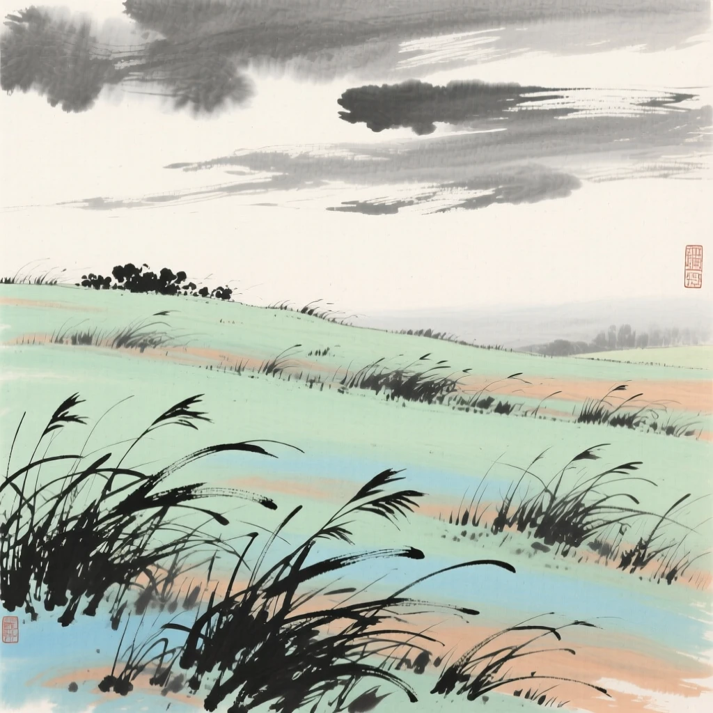 A rolling meadow scattered with wild grasses, touched with gentle melancholy, beneath low hanging clouds.