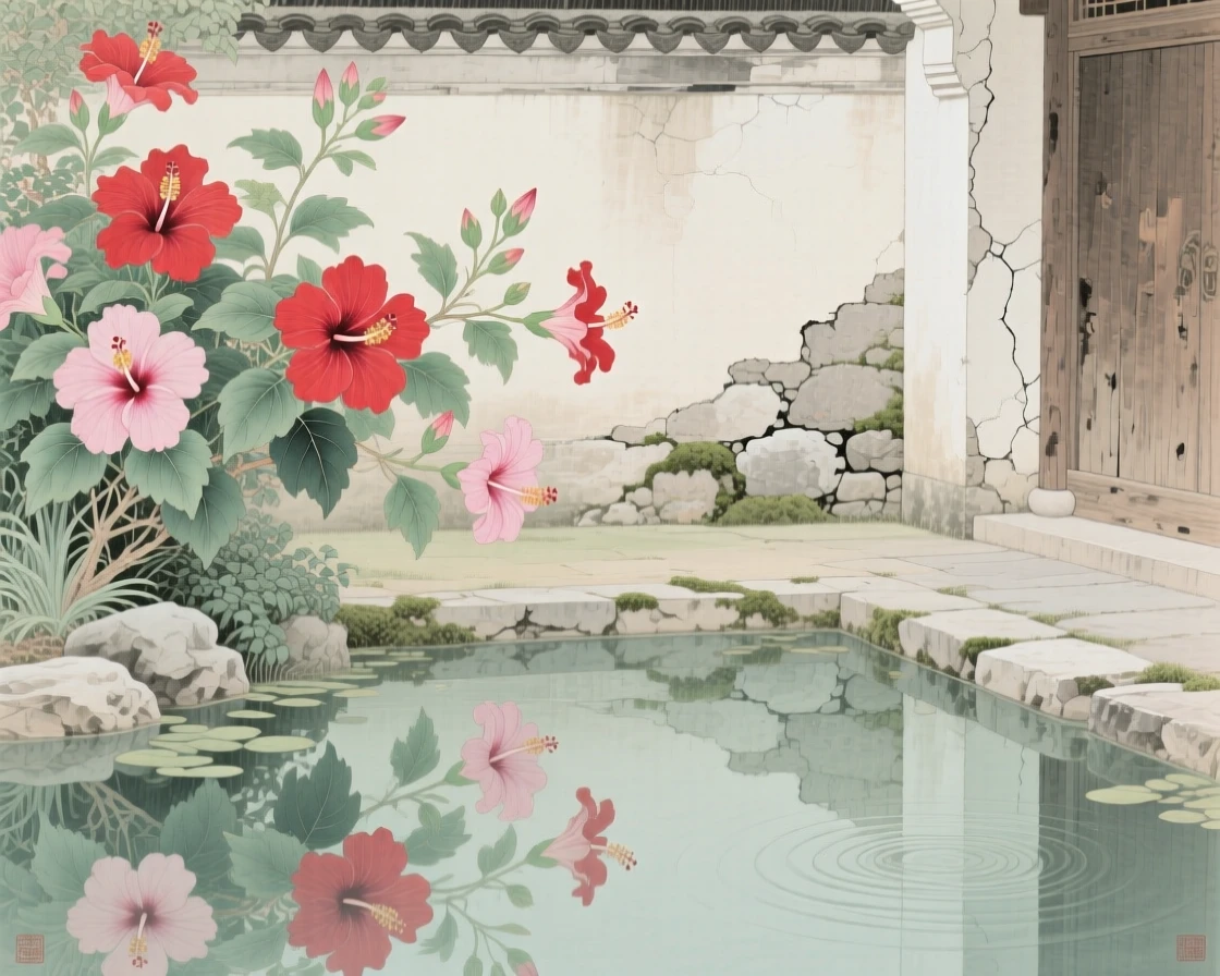 Hibiscus flowers by a garden wall reflected in the still water of a courtyard pond
