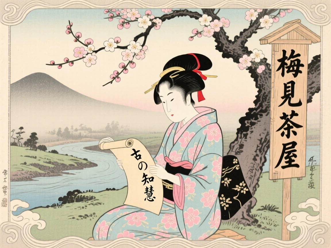 A young girl reading an ancient scroll beneath a blossoming plum tree.