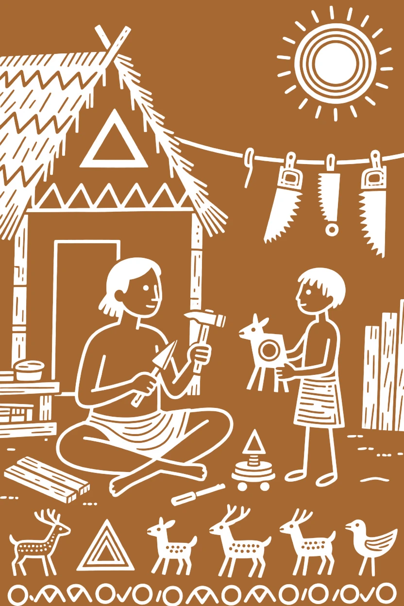 A toy maker teaching a young apprentice the family trade.