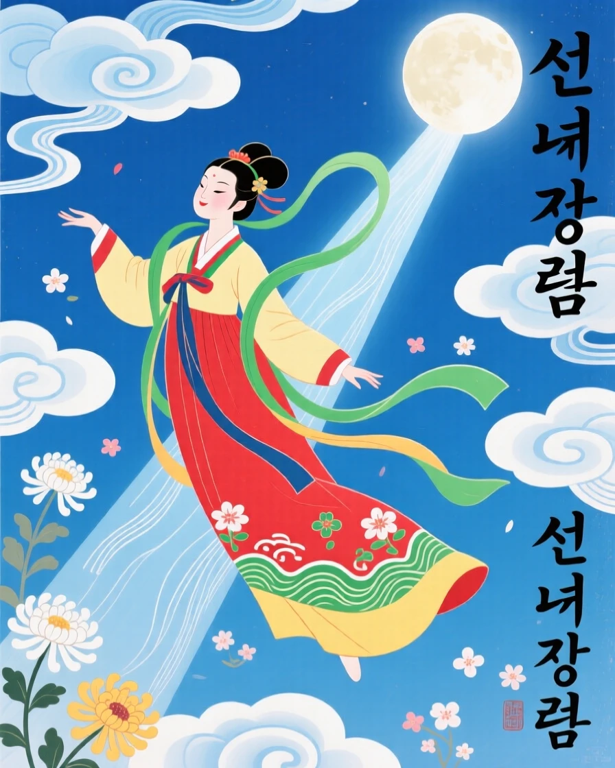 A celestial maiden descending from the clouds on a beam of moonlight.