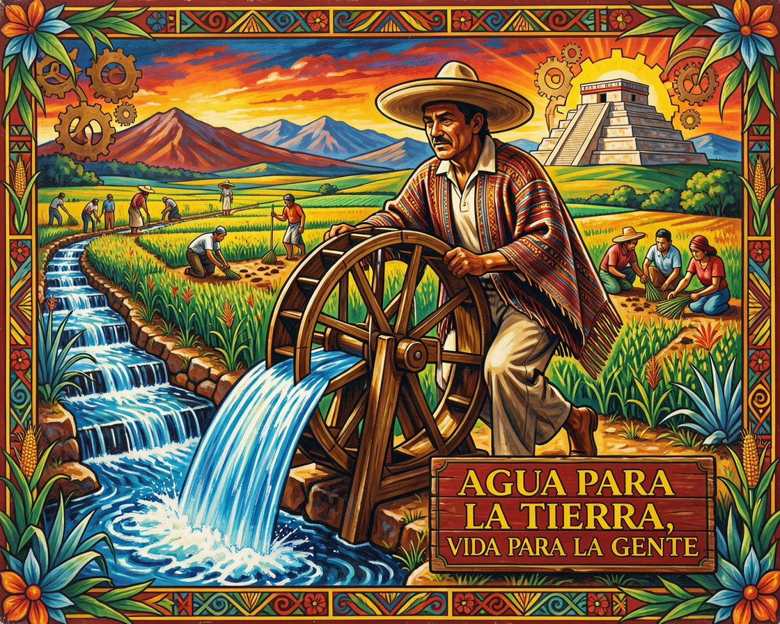 A farmer irrigating crops using a traditional water wheel