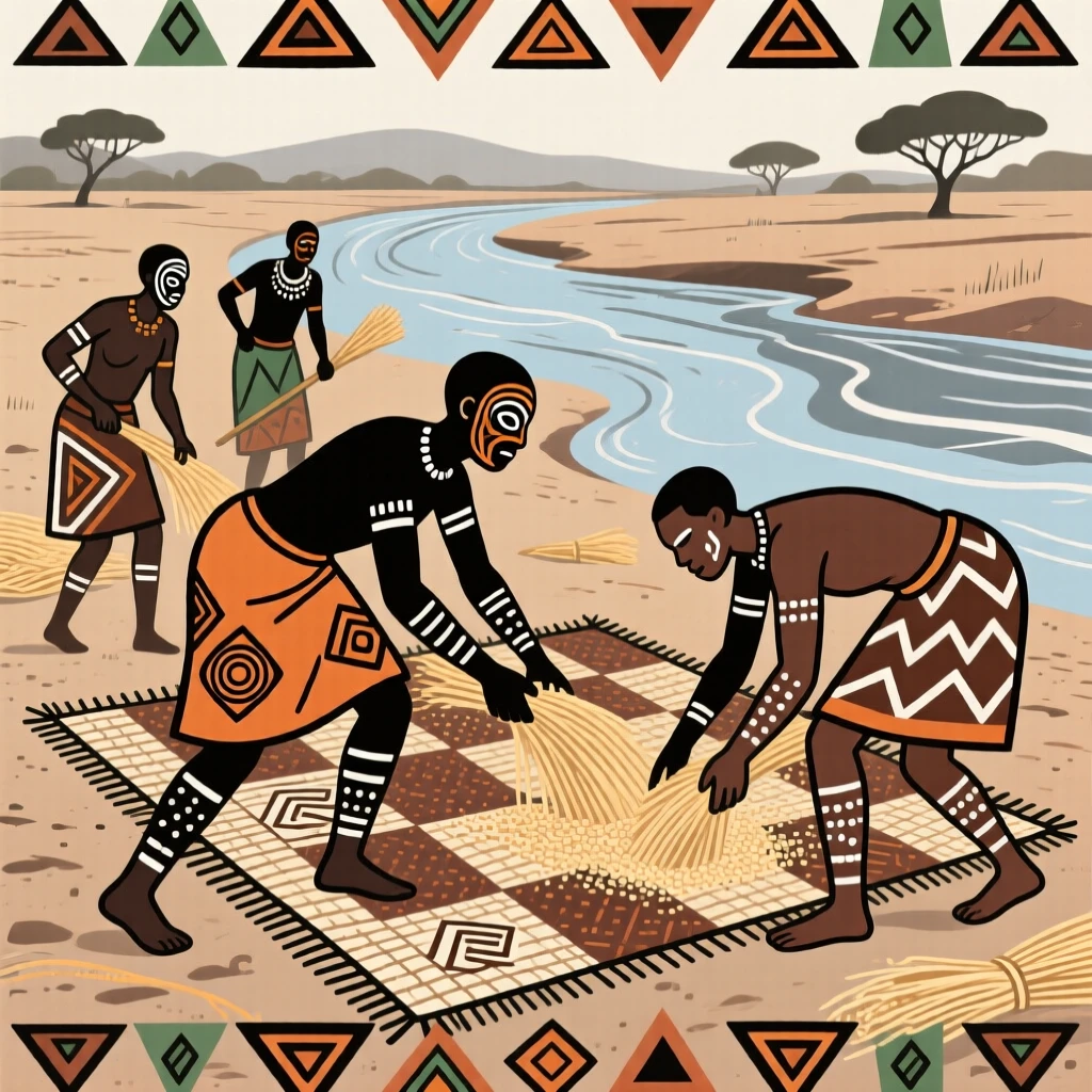 Villagers threshing grain on a wide open mat beside a slow-moving river.