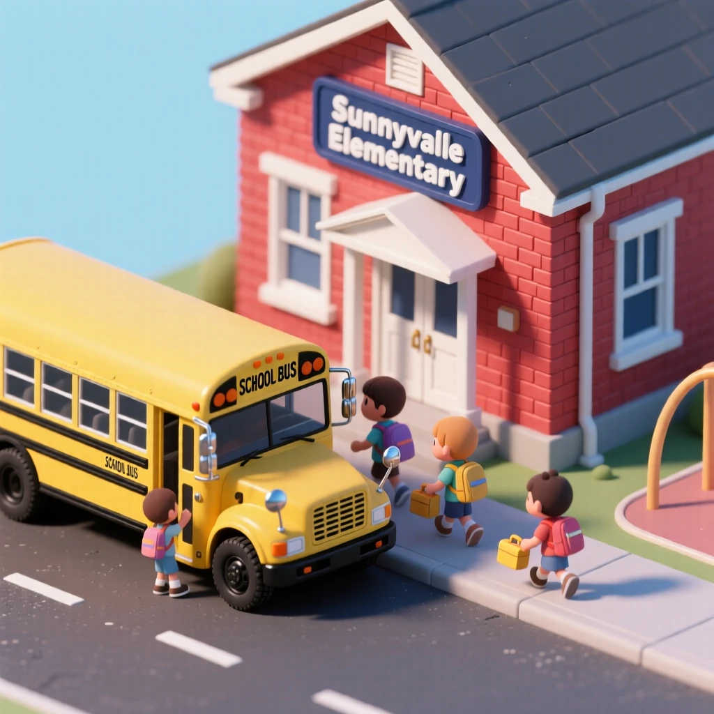 A classic yellow school bus parked beside a red brick schoolhouse, children boarding with backpacks and lunch boxes in hand.
