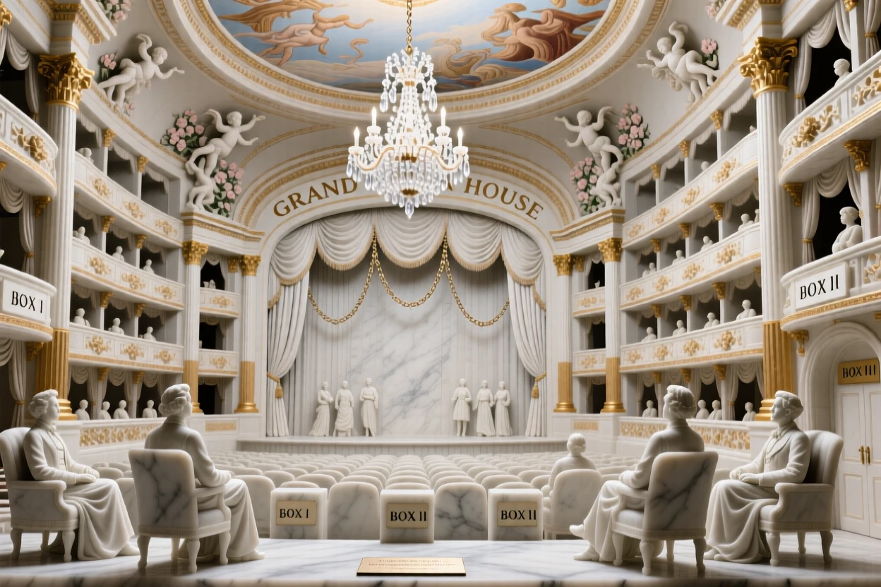 A striking, atmospheric depiction of a grand opera house interior, showcasing timeless elegance and grandeur