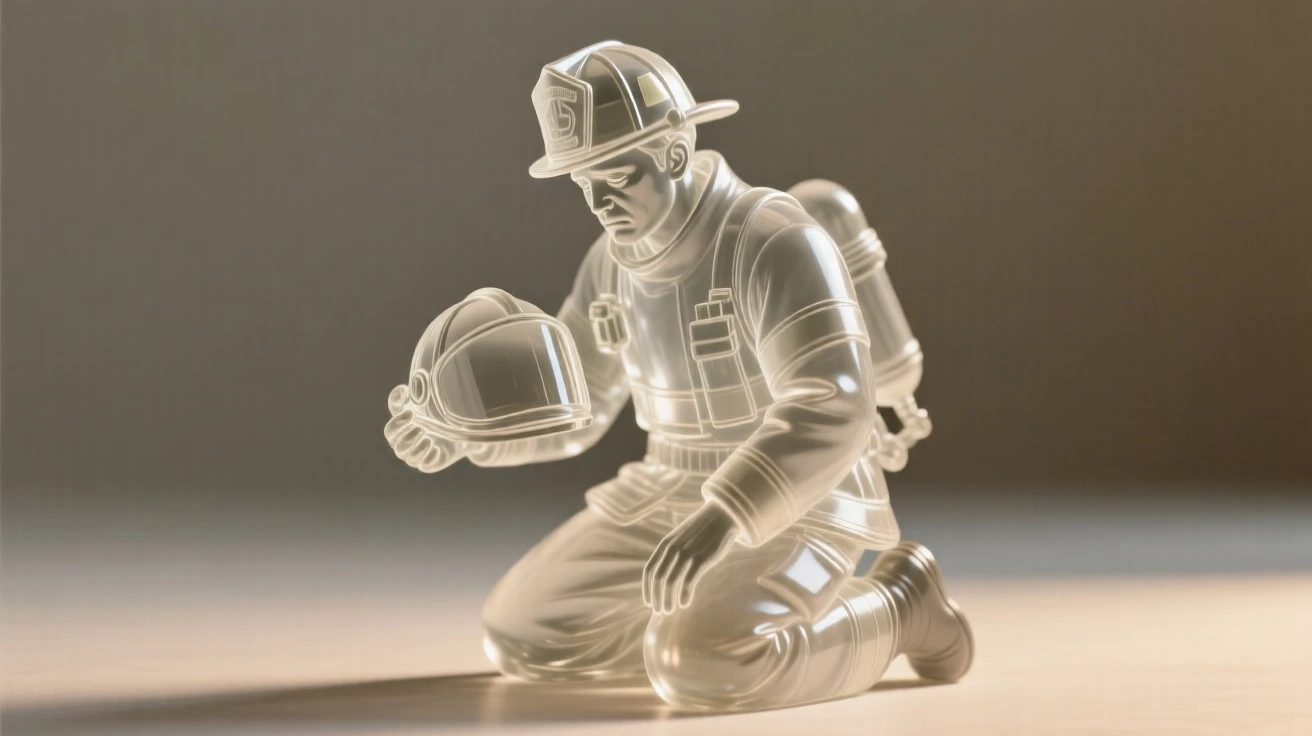 A firefighter resting after a long shift, helmet in hand, softly lit by warm natural light, shallow depth of field isolating the subject, expression full of genuine emotion.