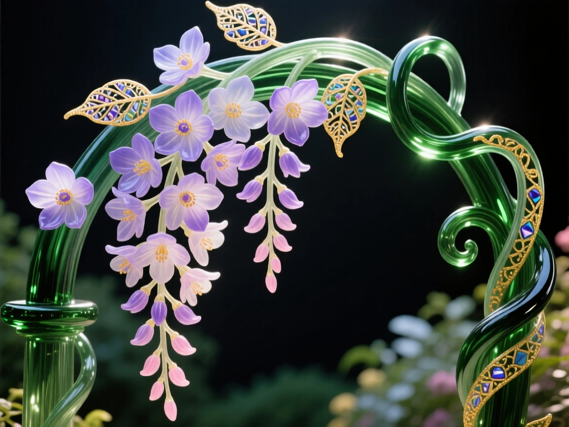 A cascade of wisteria blossoms draping over a garden archway, romantic and dreamy.