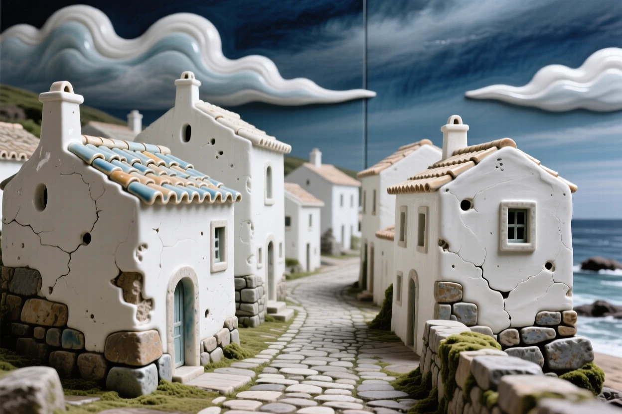 A coastal village with whitewashed buildings standing majestically against a dramatic sky, with weathered stone showing centuries of history, radiating peaceful, storybook charm.