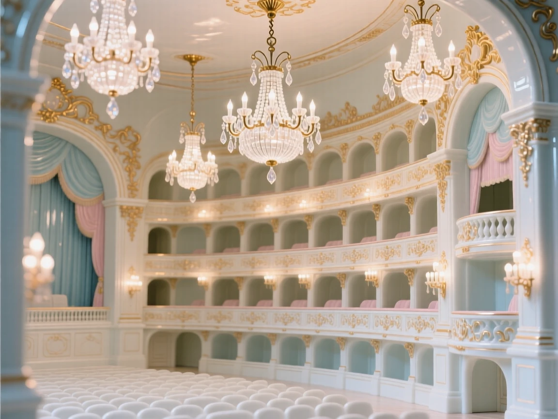 The ornate interior of an ornate opera house, chandeliers casting warm light across the room.