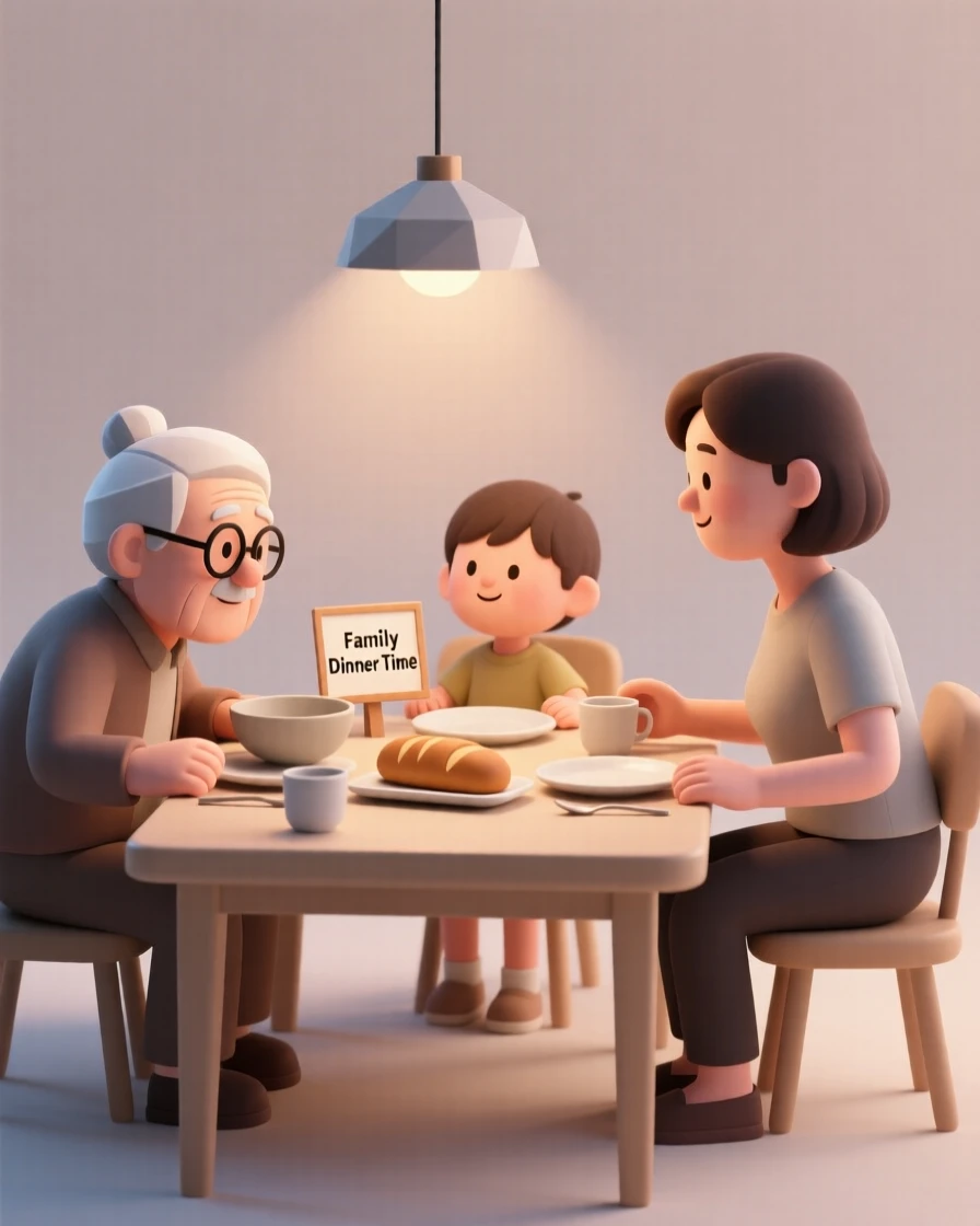 Three generations of a family gather around a dinner table, passing dishes and sharing stories under warm lamplight.