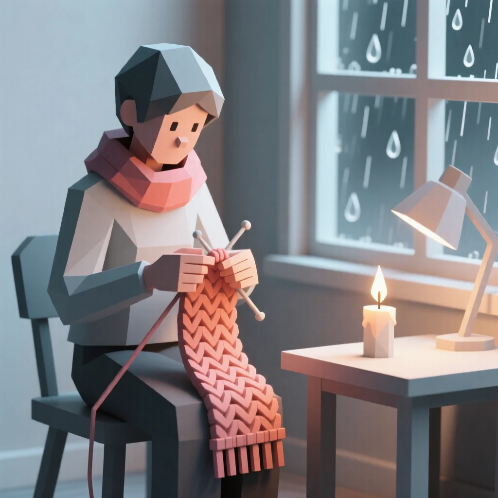 A knitter working on a colorful scarf by candlelight, on a quiet rainy afternoon. natural light enhances the vibrant colors of the scene. The scene feels energetic and inspiring.