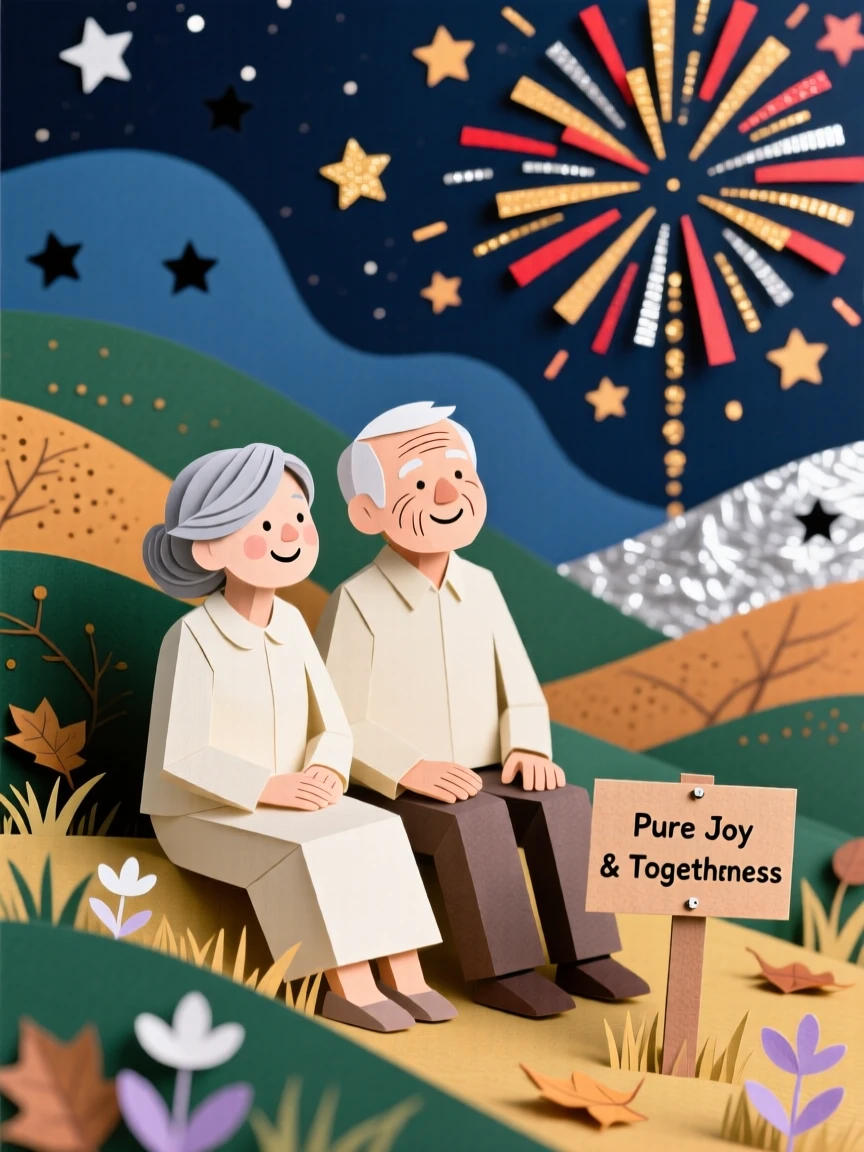 An elderly couple watching fireworks from a hillside, with warm golden light wrapping around them, capturing pure joy and togetherness.
