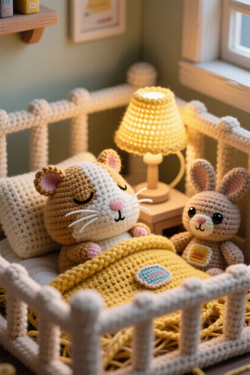 A tender everyday moment: a sleepy guinea pig nestled in soft hay with whiskers twitching gently, dozing in a warm corner of its cage inside a small home office corner with a cozy lamp; a favorite well-loved stuffed toy completes the scene, full of tender, unspoken affection.