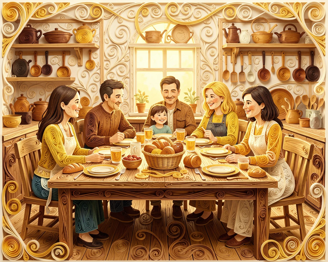 A heartwarming moment of a family reunion gathered around a long outdoor table in a cozy kitchen filled with the smell of fresh bread, with a comforting, homely atmosphere throughout, composed with warm golden light wrapping around the scene.